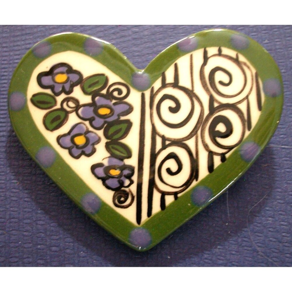 Handmade Heart-Shaped Ceramic Brooch With Floral & Spiral Design